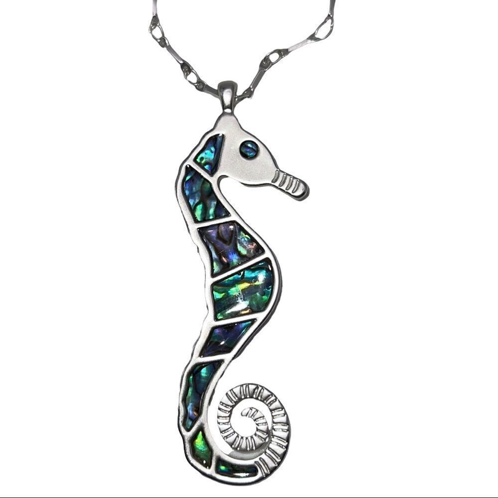 Lucky Brand Silver-Tone Abalone Seahorse Inlay Long Pendant Necklace New